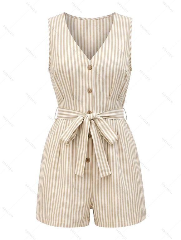 Casual Couple Outfit Striped Print V Neck Button Belt Romper and Textured Shirt Set - café lumière S | US 4