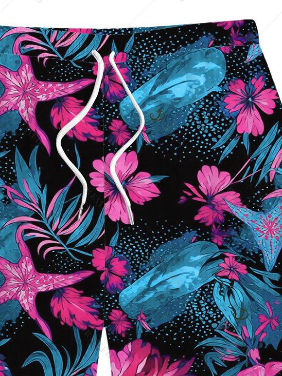Men's Beach Shorts Starfish Floral Leaf Marine Life Print Pocket Drawstring Board Shorts - multicolor 5XL