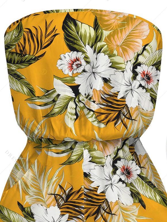 Beach Vacation Romper Tropical Floral Palm Leaf Print Pocket Off the Shoulder Romper - Jaune XXL | US 14