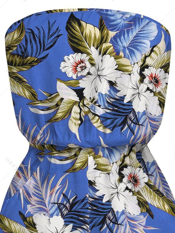 Beach Vacation Romper Tropical Floral Palm Leaf Print Pocket Off the Shoulder Romper - Bleu XXL | US 14