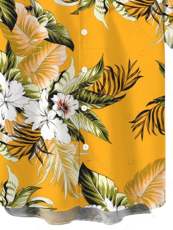 Men's Beach Vacation Shirt Tropical Floral Palm Leaf Print Button Up Shirt - Jaune L