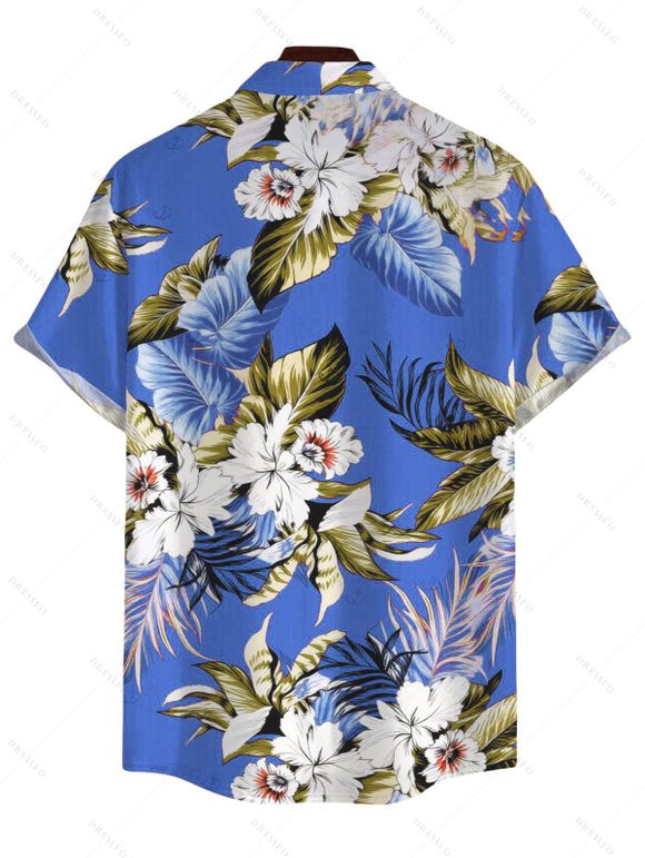 Men's Beach Vacation Shirt Tropical Floral Palm Leaf Print Button Up Shirt - Bleu 5XL