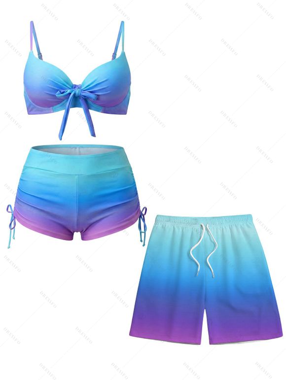 Beach Couple Outfit Ombre Bowknot Underwire Push Up Cinched Boyshorts Tankini Swimsuit and Drawstring Shorts Set - Bleu Ciel S | US 4