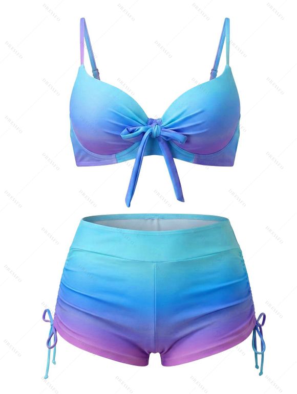 Beach Couple Outfit Ombre Bowknot Underwire Push Up Cinched Boyshorts Tankini Swimsuit and Drawstring Shorts Set - Bleu Ciel S | US 4