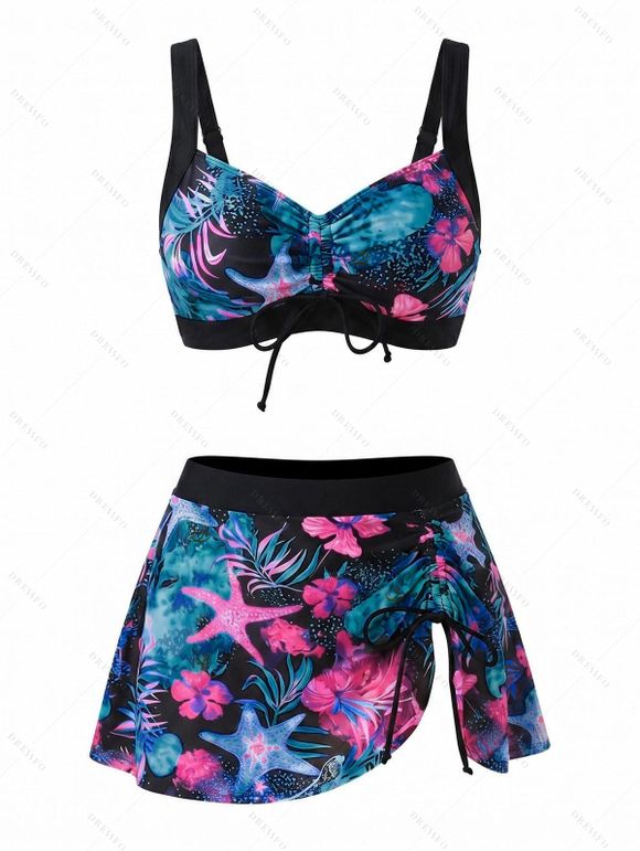 3 Pcs Vacation Bikini Swimsuit Starfish Floral Leaf Marine Life Print Cinched Skirt Beach Swimwear Set - multicolor XXL | US 14