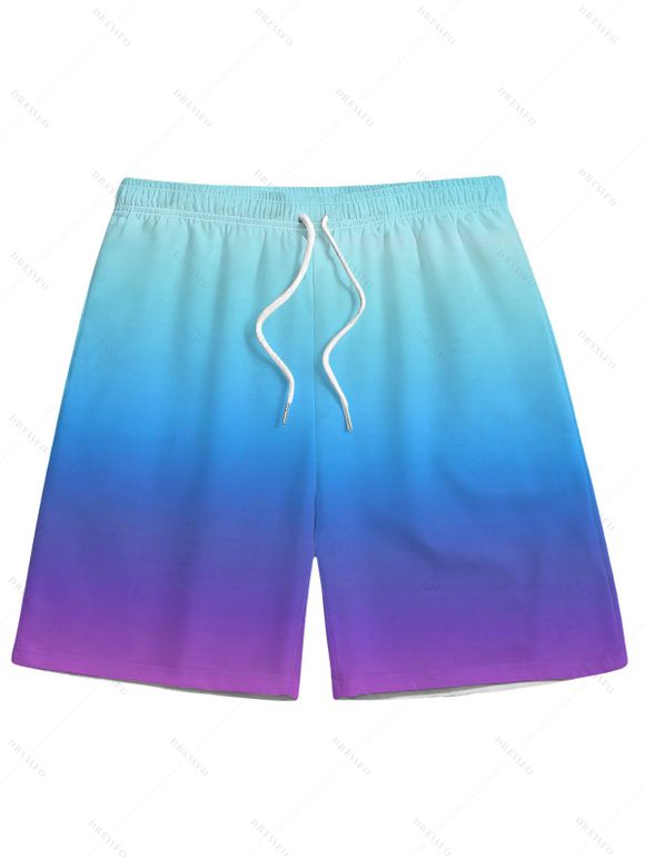 Beach Couple Outfit Ombre Bowknot Underwire Push Up Cinched Boyshorts Tankini Swimsuit and Drawstring Shorts Set - Bleu Ciel S | US 4