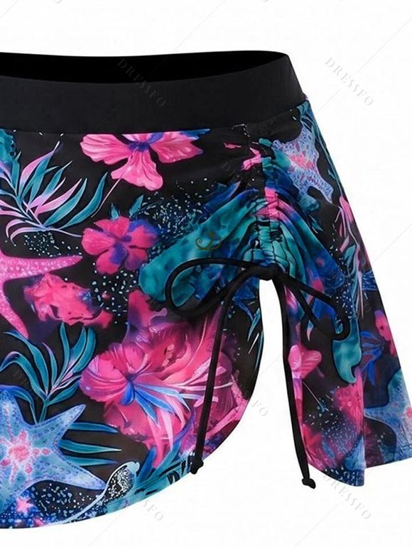 3 Pcs Vacation Bikini Swimsuit Starfish Floral Leaf Marine Life Print Cinched Skirt Beach Swimwear Set - multicolor XXL | US 14