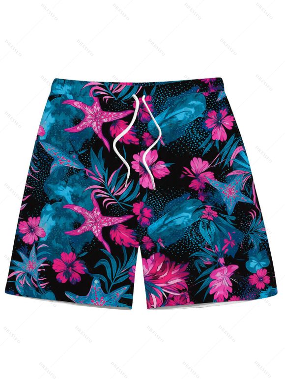 Vacation Couple Outfit Starfish Floral Leaf Marine Life Print Cinched Skirt Bikini Swimsuit and Drawstring Shorts Set - multicolor S | US 4