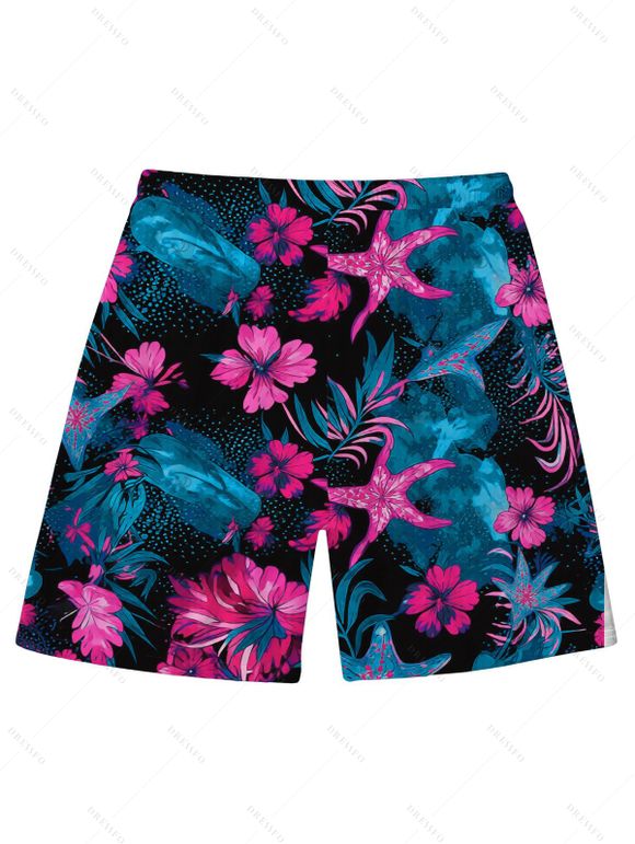 Vacation Couple Outfit Starfish Floral Leaf Marine Life Print Cinched Skirt Bikini Swimsuit and Drawstring Shorts Set - multicolor S | US 4