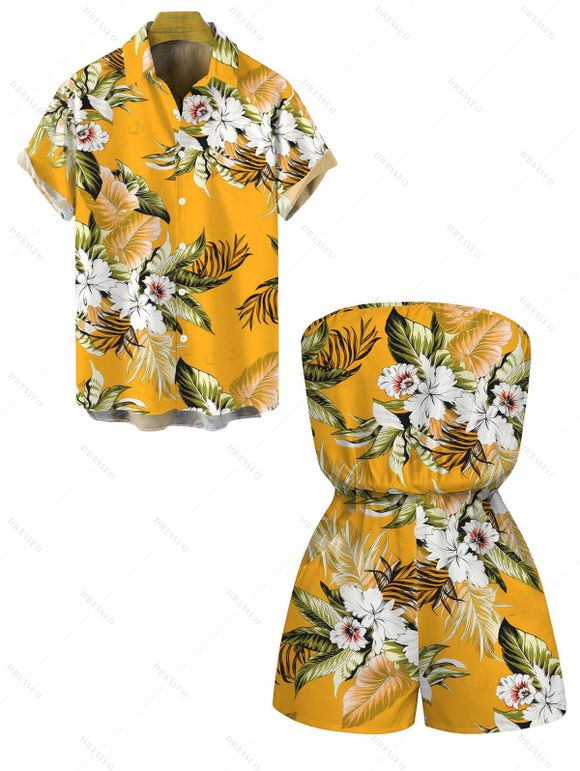 Beach Vacation Couple Outfit Tropical Floral Palm Leaf Print Pocket Off the Shoulder Romper and Shirt Set - Jaune S | US 4