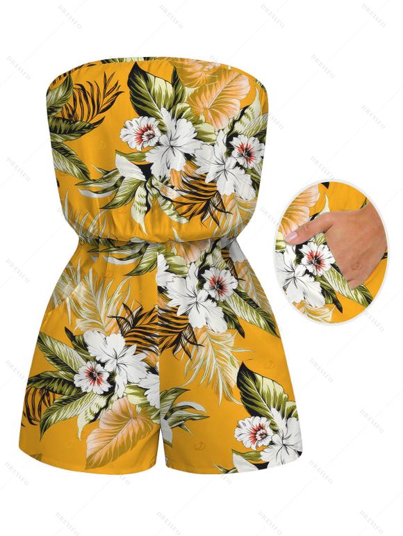 Beach Vacation Couple Outfit Tropical Floral Palm Leaf Print Pocket Off the Shoulder Romper and Shirt Set - Jaune S | US 4