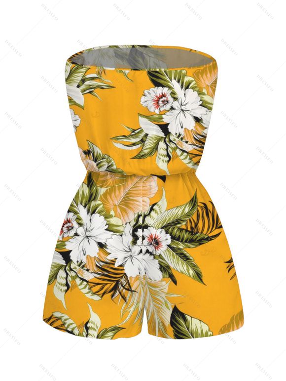 Beach Vacation Couple Outfit Tropical Floral Palm Leaf Print Pocket Off the Shoulder Romper and Shirt Set - Jaune S | US 4