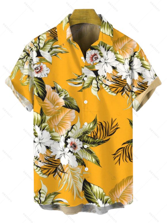 Beach Vacation Couple Outfit Tropical Floral Palm Leaf Print Pocket Off the Shoulder Romper and Shirt Set - Jaune S | US 4