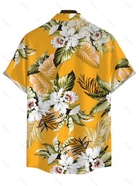 Beach Vacation Couple Outfit Tropical Floral Palm Leaf Print Pocket Off the Shoulder Romper and Shirt Set - Jaune S | US 4