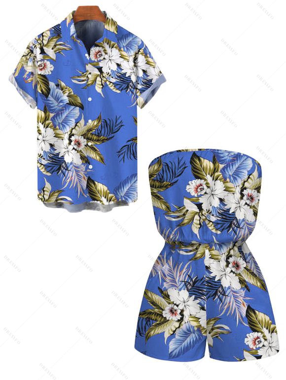 Beach Vacation Couple Outfit Tropical Floral Palm Leaf Print Pocket Off the Shoulder Romper and Shirt Set - Bleu S | US 4