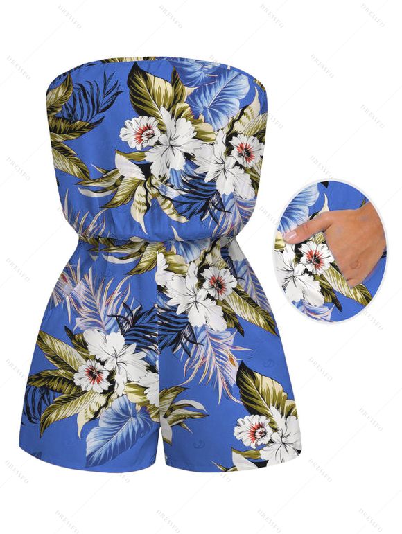 Beach Vacation Couple Outfit Tropical Floral Palm Leaf Print Pocket Off the Shoulder Romper and Shirt Set - Bleu S | US 4