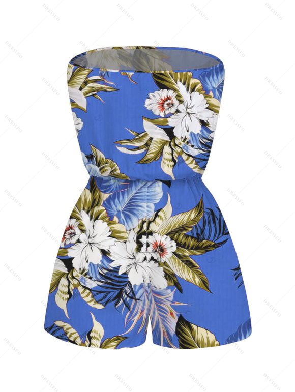 Beach Vacation Couple Outfit Tropical Floral Palm Leaf Print Pocket Off the Shoulder Romper and Shirt Set - Bleu S | US 4