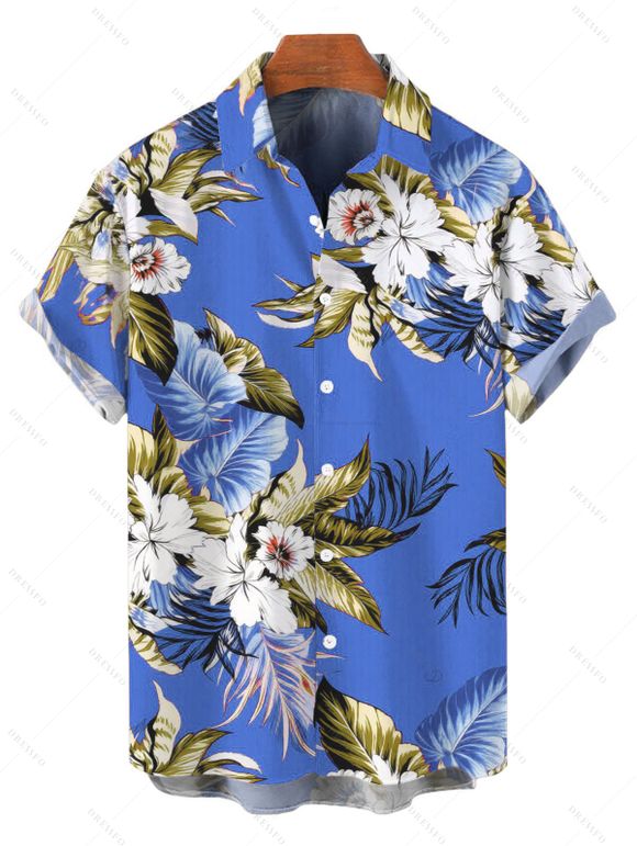 Beach Vacation Couple Outfit Tropical Floral Palm Leaf Print Pocket Off the Shoulder Romper and Shirt Set - Bleu S | US 4
