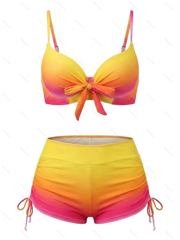 Beach Couple Outfit Ombre Bowknot Underwire Push Up Cinched Boyshorts Tankini Swimsuit and Drawstring Shorts Set - Jaune S | US 4