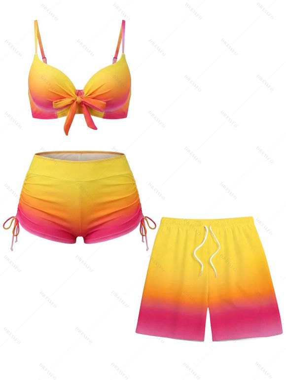 Beach Couple Outfit Ombre Bowknot Underwire Push Up Cinched Boyshorts Tankini Swimsuit and Drawstring Shorts Set - Jaune S | US 4