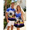 Vacation Couple Outfit Ombre Coconut Tree Print Spaghetti Strap Dress and Shirt Beach Set - Bleu S | US 4