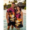 Vacation Couple Outfit for Beach Coconut Tree Sunset Print Dress and Shirt Set - Rouge S | US 4
