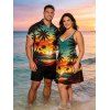 Beach Couple Outfit Sunset Coconut Tree Print Mini Dress and Shirt Vacation Set - Orange S | US 4