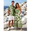 Hawaii Couple Outfit Tribal Hibiscus Floral Print Bowknot Off the Shoulder Jumpsuit and Shirt Set - Bleu profond S | US 4