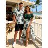 Vacation Couple Outfit Colorblock Coconut Tree Print Flounce Smocked Slit Dress and Shirt Set - Vert Armée S | US 4