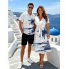 Vacation Couple Outfit Coconut Tree Beach Landscape Pattern Belt Dress and Button Up Shirt Beach Matching Outfit - Blanc S | US 4