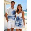 Vacation Couple Outfit Tie Dye Ocean Coconut Tree Print Spaghetti Strap Tank Dress and Button Up Shirt Beach Matching Outfit - Bleu S | US 4