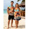 Beach Couple Outfit Coconut Tree Sunset Beach Landscape Pattern Spaghetti Strap Tank Dress and Button Up Shirt Vacation Matching Outfit - multicolor A S | US 4