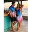 Vacation Couple Outfit Coconut Tree Print Ombre Spaghetti Strap A Line Dress and Roll Up Sleeve Shirt Solid Color Drawstring Shorts Beach Outfit - Bleu S | US 4
