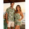 Hawaiian Couple Outfit Sun Moon Tropical Floral Leaf Botanical Print Pocket Off the Shoulder Romper and Shirt Set - Olive Verte S | US 4