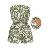 Hawaiian Romper Sun Moon Tropical Floral Leaf Botanical Print Pocket Off the Shoulder Romper - Olive Verte L | US 8-10