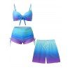 Beach Couple Outfit Ombre Bowknot Underwire Push Up Cinched Boyshorts Tankini Swimsuit and Drawstring Shorts Set - Bleu Ciel S | US 4