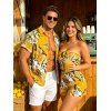 Beach Vacation Couple Outfit Tropical Floral Palm Leaf Print Pocket Off the Shoulder Romper and Shirt Set - Jaune S | US 4