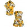 Beach Vacation Couple Outfit Tropical Floral Palm Leaf Print Pocket Off the Shoulder Romper and Shirt Set - Jaune S | US 4