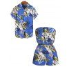 Beach Vacation Couple Outfit Tropical Floral Palm Leaf Print Pocket Off the Shoulder Romper and Shirt Set - Bleu S | US 4