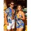 Beach Vacation Couple Outfit Tropical Floral Palm Leaf Print Pocket Off the Shoulder Romper and Shirt Set - Bleu S | US 4