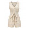 Casual Couple Outfit Striped Print V Neck Button Belt Romper and Textured Shirt Set - café lumière S | US 4