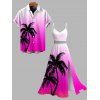 Hawaiian Vacation Couple Outfit Coconut Tree Print Ombre Lace Hollow Out Slit Dress and Shirt Set - HOT PINK S | US 4