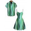 Hawaiian Vacation Couple Outfit Vertical Leaf Print Ruched Bust Mini Dress and Shirt Set - PLANT GREEN S | US 4