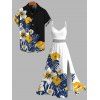 Hawaiian Couple Outfit Colorblock Hibiscus Floral Tropical Leaf Print Lace Hollow Out Slit Dress and Shirt Set - BLACK S | US 4