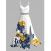 Hawaiian Couple Outfit Colorblock Hibiscus Floral Tropical Leaf Print Lace Hollow Out Slit Dress and Shirt Set - BLACK S | US 4