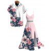 Hawaiian Couple Outfit Colorblock Hibiscus Floral Tropical Leaf Print Lace Hollow Out Slit Dress and Shirt Set - LIGHT PINK S | US 4