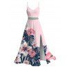 Hawaiian Couple Outfit Colorblock Hibiscus Floral Tropical Leaf Print Lace Hollow Out Slit Dress and Shirt Set - LIGHT PINK S | US 4