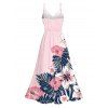 Hawaiian Couple Outfit Colorblock Hibiscus Floral Tropical Leaf Print Lace Hollow Out Slit Dress and Shirt Set - LIGHT PINK S | US 4