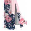 Hawaiian Couple Outfit Colorblock Hibiscus Floral Tropical Leaf Print Lace Hollow Out Slit Dress and Shirt Set - LIGHT PINK S | US 4
