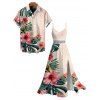 Vacation Hawaiian Couple Outfit Hibiscus Floral Tropical Leaf Print Lace Hollow Out Slit Dress and Shirt Set - LIGHT PINK S | US 4